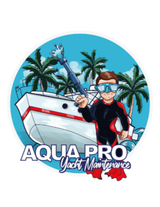 Aqua Pro Yacht Maintenance Logo: Depiction of a maintenance expert with a hose beside a yacht, merging expert care and distinctive design